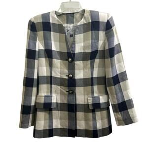 Vintage 80s/90s Stirling Cooper Tartan Plaid Suit Jacket Navy Tan White 4 Preppy